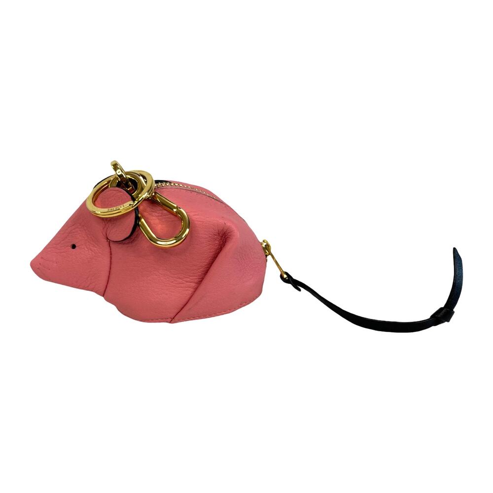 Loewe Mouse Coin Purse Charm Pink Leather Keychain Pouch Gold Tone Spain